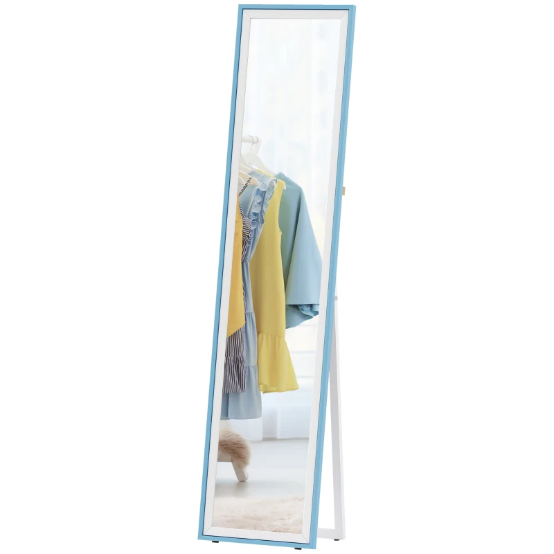 HOMCOM Espelho de Pé 157x37 cm com Moldura em MDF Espelho de Parede Retangular  com 2 Formas de Utilização Branco e Azul