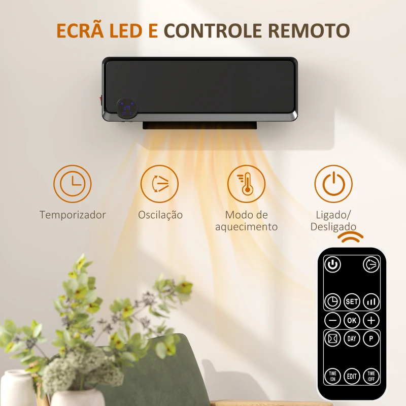 HOMCOM Aquecedor Cerâmico de Parede 1000W/2000W com Controle Remoto Tela LED Temporizador de 12h Termostato 56x18,5x11,7 cm Preto