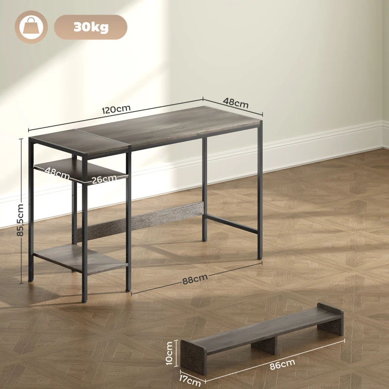 HOMCOM Mesa de Escritorio con Estantes Laterales Soporte para Monitor Ajustable y Estructura Móvil 120x48x85,5 cm Gris Carbón