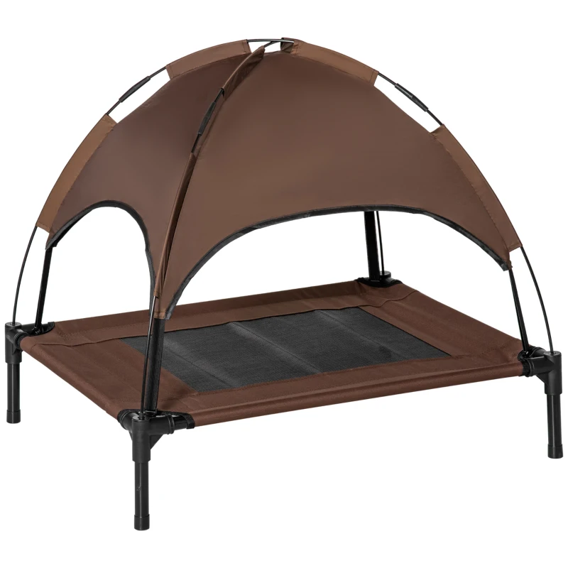 PawHut Pat înălțat pentru câini cu baldachin, pat pentru animale de companie, pat pentru câini de exterior cu acoperiș, respirabil, material textil pentru camping Cafea 76 x 61 x 73 cm