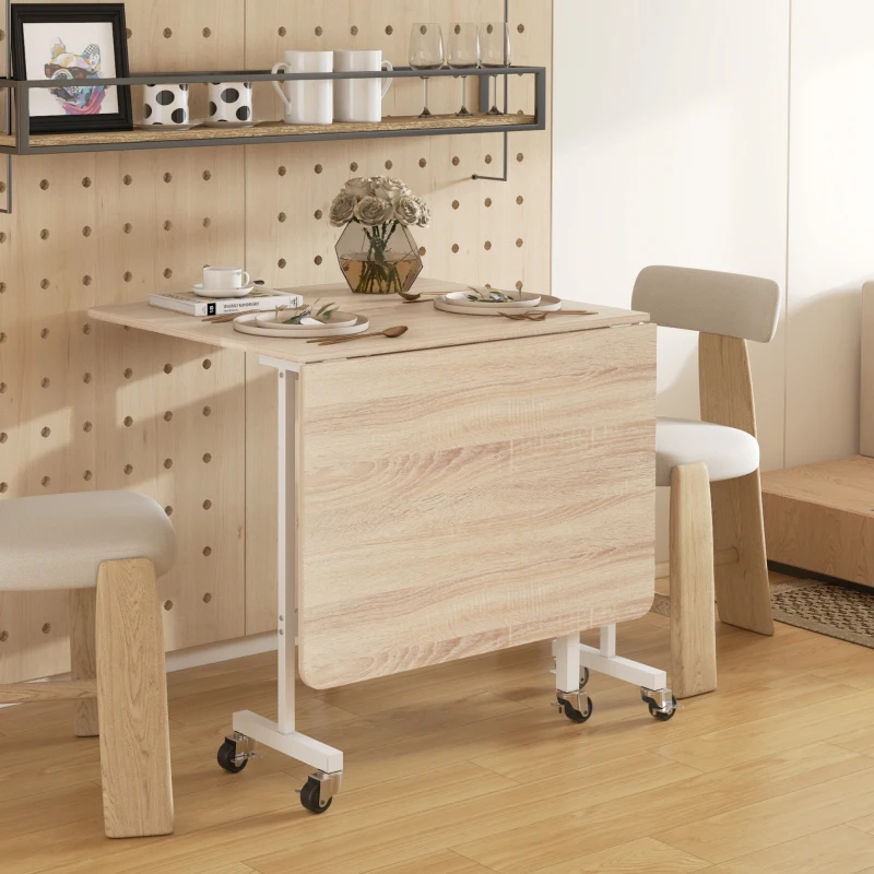 HOMCOM Inklapbare Tafel op Wielen, Laptop-Tafel, Eettafel, incl. Parkeerrem, Natuur + Wit(m-10)