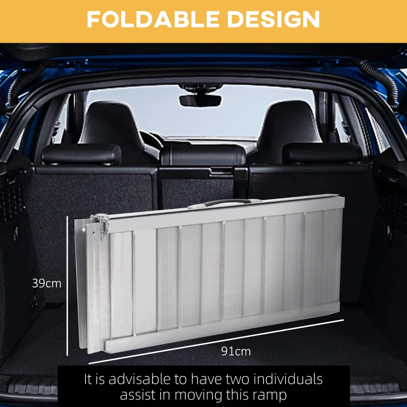 HOMCOM, Rampă de scaun cu rotile, antiderapantă, pliabilă, din aluminiu, cu borduri, încărcare maximă 270 kg, 91 x 74 cm