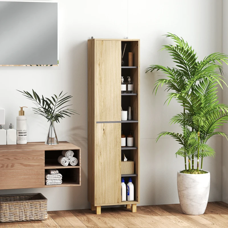 HOMCOM Meuble colonne salle de bain, armoire de salle de bain avec 6 compartiments ouverts et 2 placards, bois naturel(m-8)