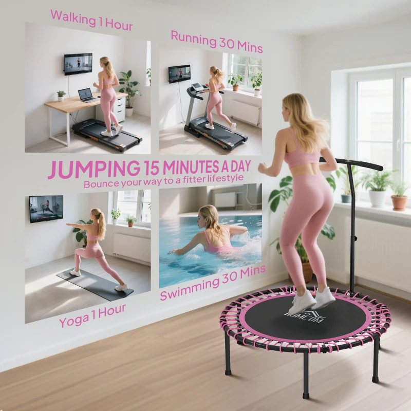 HOMCOM 45" Foldable Mini Trampoline Silent Rebounder Indoor Outdoor Jumper with Adjustable Handle - Pink