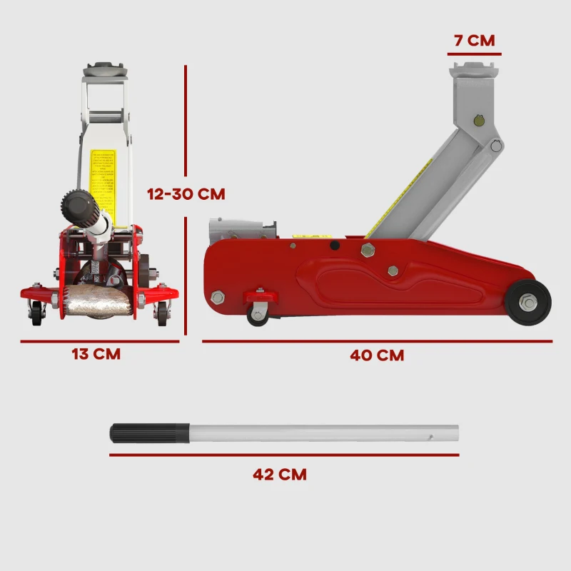 HOMCOM Cric hydraulique à profil bas en acier robuste, Charge maximale de 2000 kg, capacité de levage de 12 à 30 cm, rouge