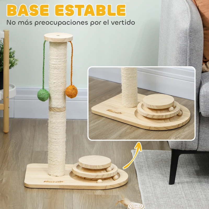 PawHut Poste Rascador para Gatos Altura 56,5 cm con 3 Bolas Colgantes Juguete de Pelota de Pista Madera Natural