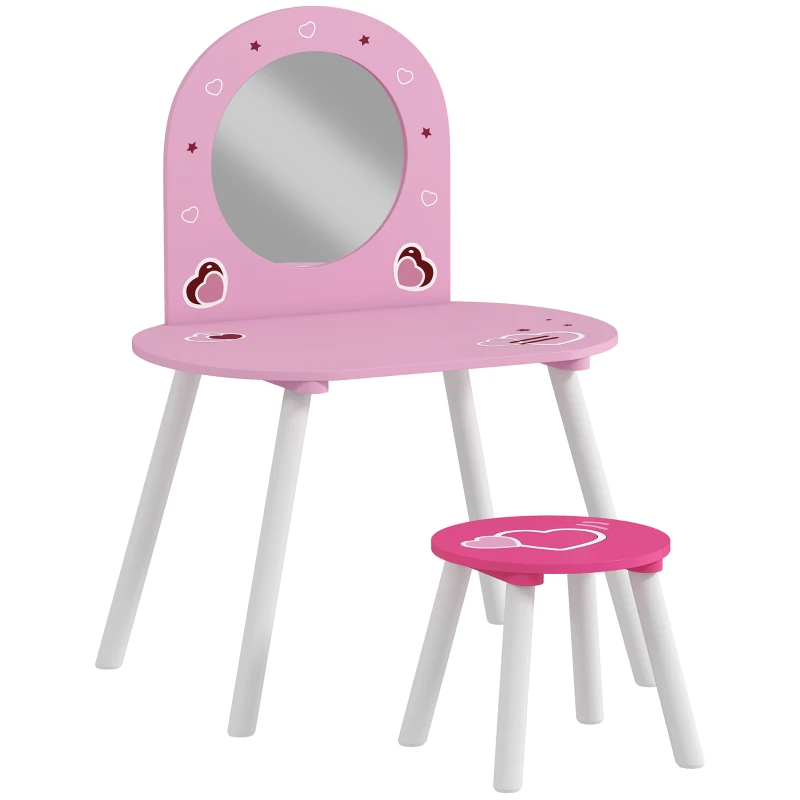 AIYAPLAY Toucador Infantil com Banco e Espelho Toucador para Meninas com Desenhos de Corações  60x43,5x83 cm  Rosa