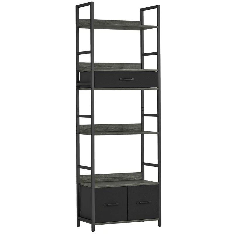 HOMCOM Industrial Style Bookcase, with 4 Shelves and 3 Fabric Drawers - Grey/Black