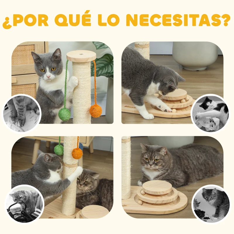 PawHut Poste Rascador para Gatos Altura 56,5 cm con 3 Bolas Colgantes Juguete de Pelota de Pista Madera Natural