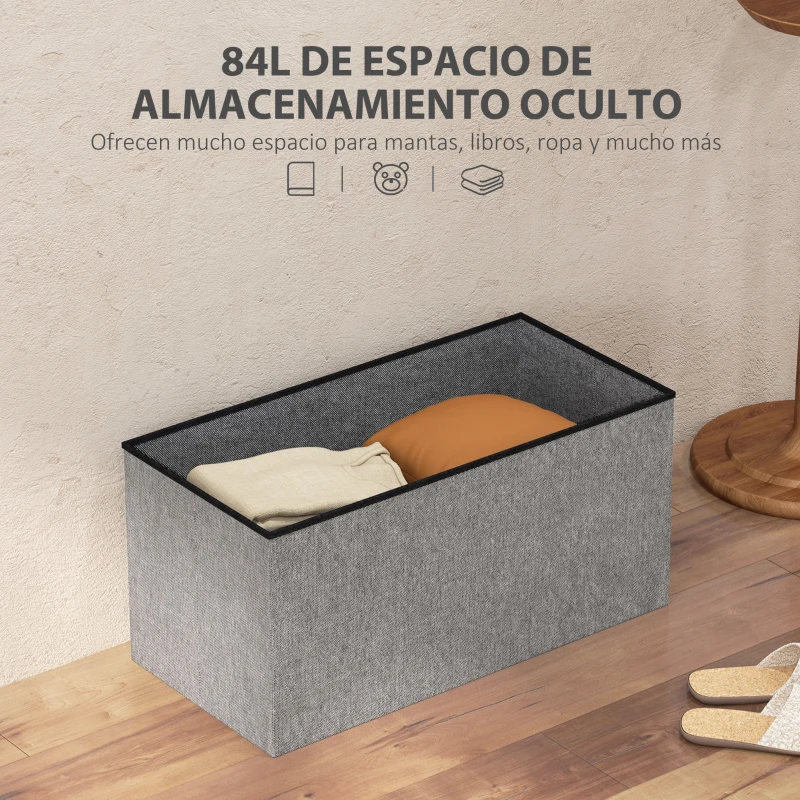 HOMCOM Baúl de Almacenaje para Dormitorio Plegable 84L Tapizado de Lino Sintético con Tapa para Salón 76x38x38 cm Gris Claro