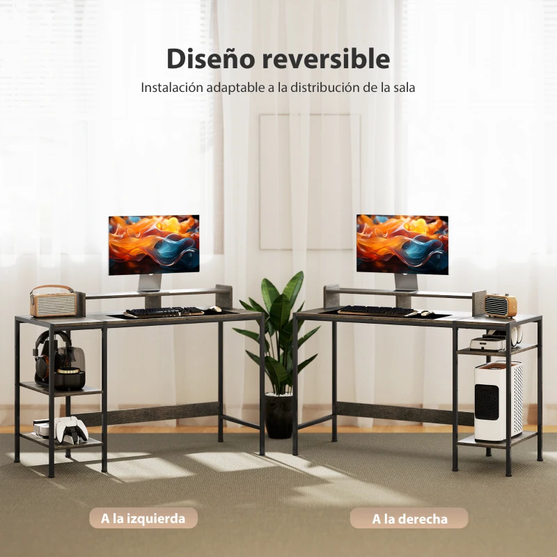 HOMCOM Mesa de Escritorio con Estantes Laterales Soporte para Monitor Ajustable y Estructura Móvil 120x48x85,5 cm Gris Carbón