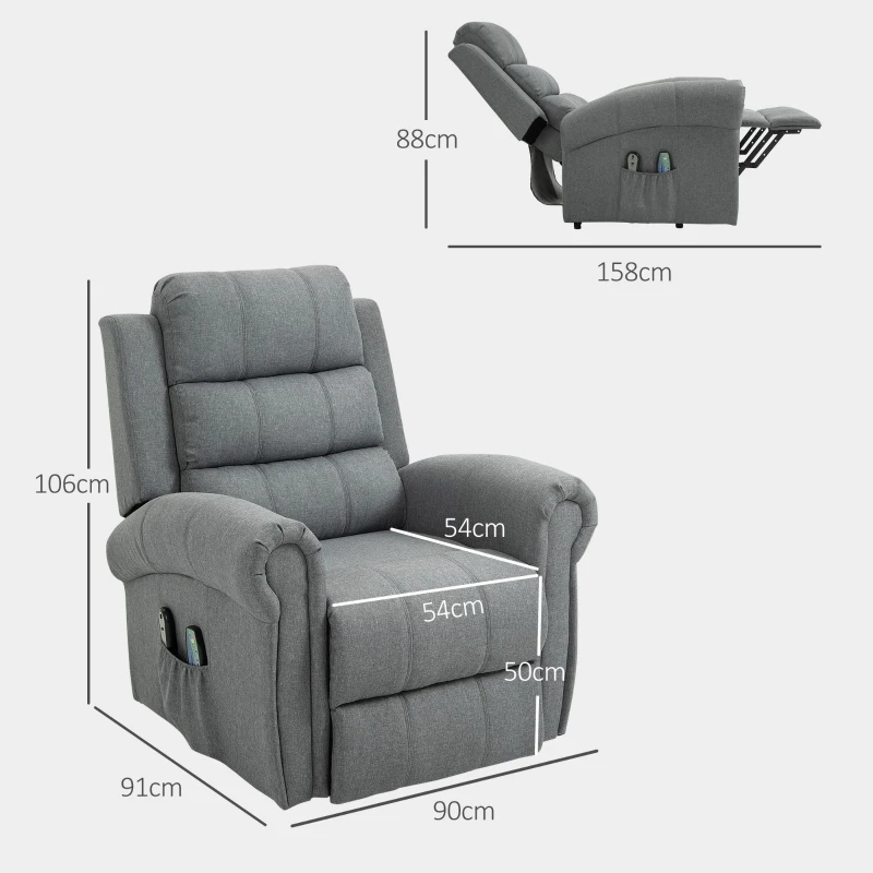 HOMCOM Relaxsessel mit Aufstehhilfe, 8 Massagepunkte, beheizbare Rückenlehne, Leinenoptik, Grau