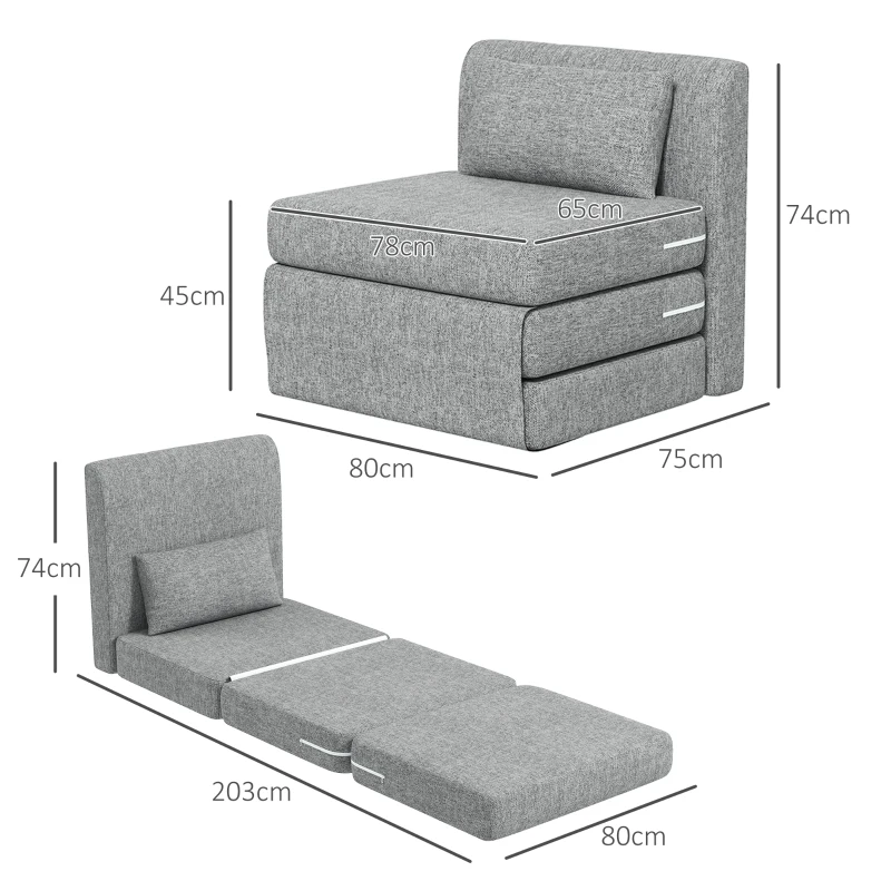 HOMCOM Slaapstoel 3-voudig opvouwbaar compact lazysofa met tafeltje werkkantoor Grijs