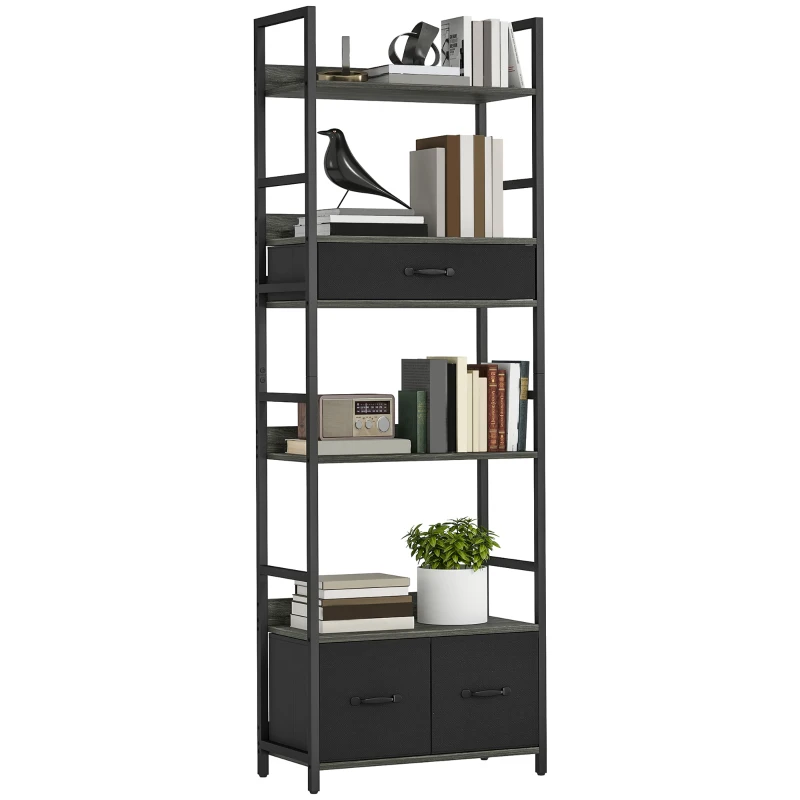HOMCOM Industrial Style Bookcase, with 4 Shelves and 3 Fabric Drawers - Grey/Black