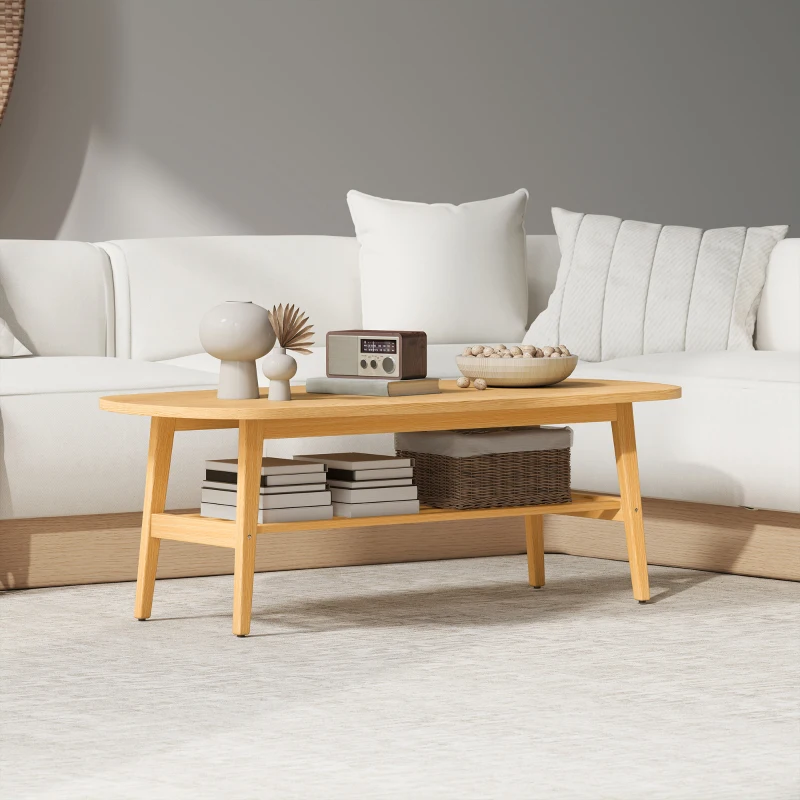 HOMCOM Mesa de Centro de 2 Níveis Moderna com Prateleira Aberta Inferior e Pernas de Madeira de Borracha 120x60x42 cm Madeira