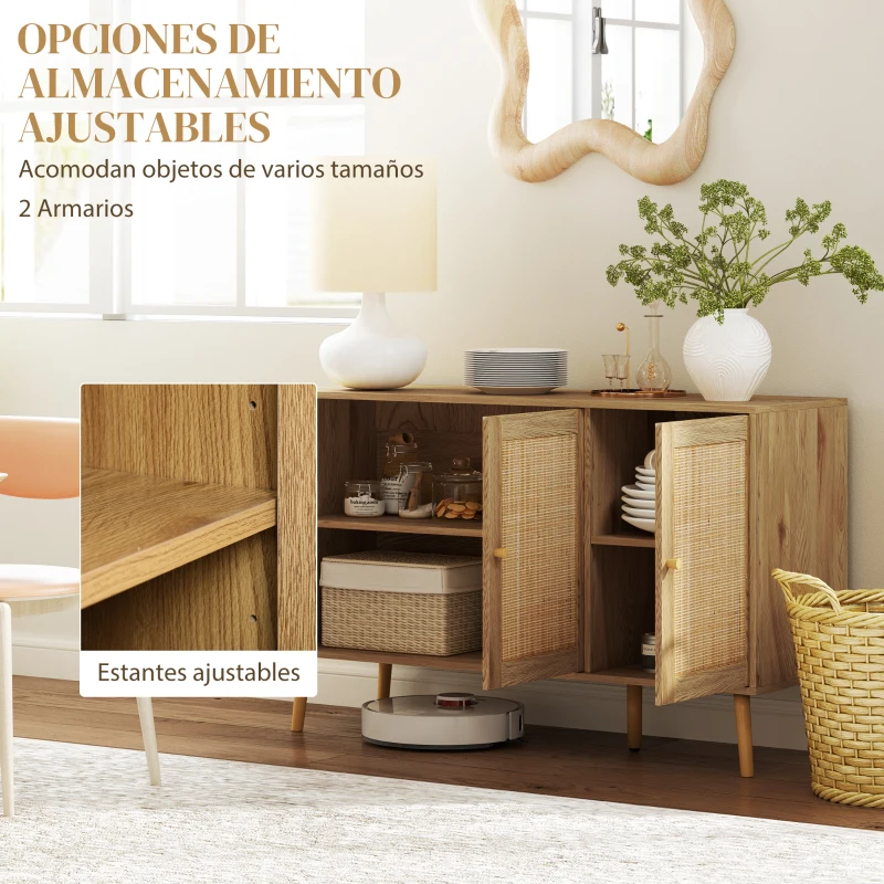 HOMCOM Aparador para Salón Bohemio con Puertas de Ratán y Estantes Ajustables 120x40x75 cm Madera Natural