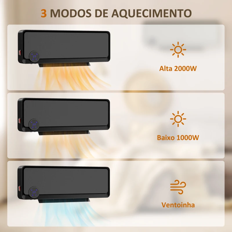 HOMCOM Aquecedor Cerâmico de Parede 1000W/2000W com Controle Remoto Tela LED Temporizador de 12h Termostato 56x18,5x11,7 cm Preto