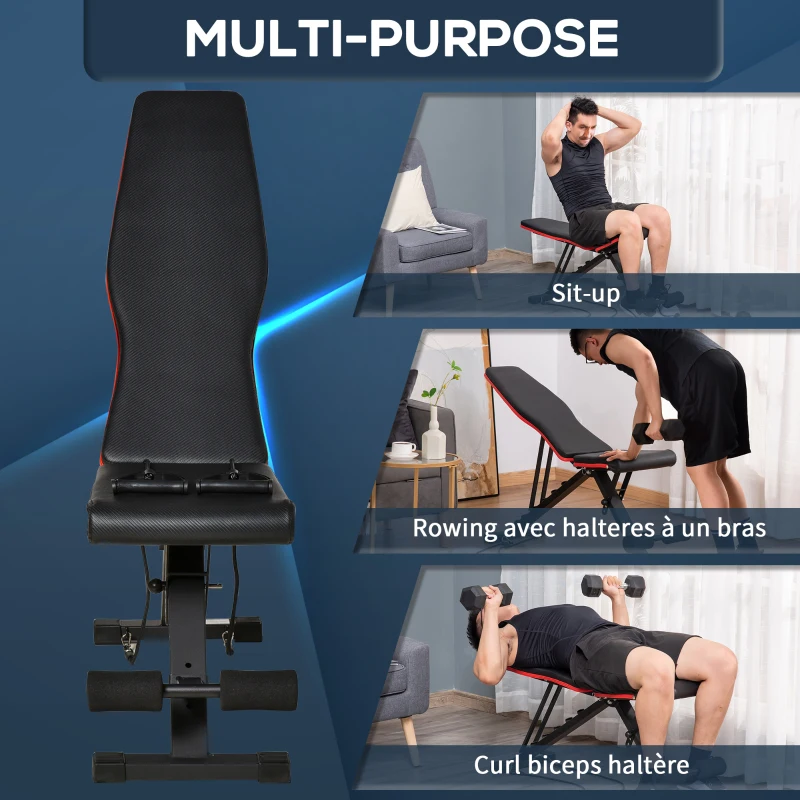 HOMCOM Banc de musculation pliable dossier réglable 6 niveaux assise ajutable 4 niveaux coussin 130 x 34 x 109 cm noir et rouge
