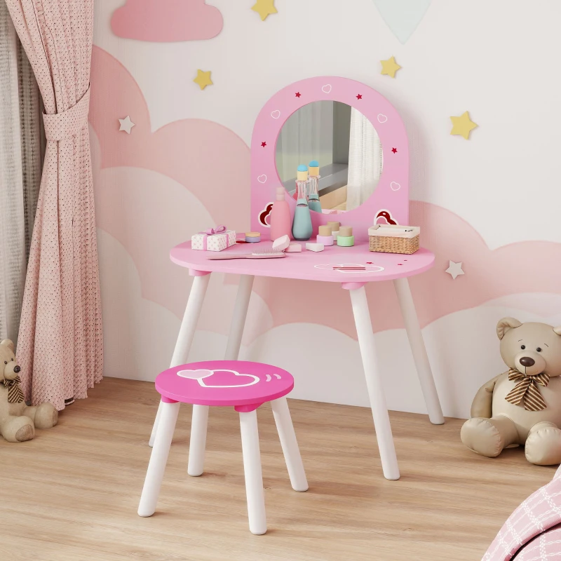 AIYAPLAY Toucador Infantil com Banco e Espelho Toucador para Meninas com Desenhos de Corações  60x43,5x83 cm  Rosa