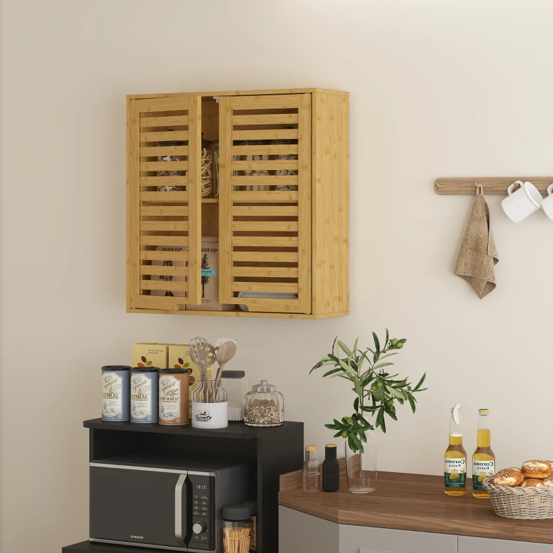 HOMCOM Armario de Baño de Pared de Bambú Mueble de Baño Colgante con Estante Ajustable Puertas de Lamas Natural