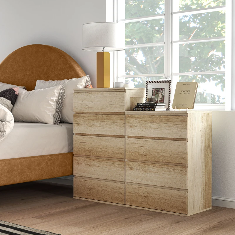 HOMCOM Commode 5 tiroirs meuble de rangement sans poignées design minimaliste 60 x 38 x 100 cm bois naturel