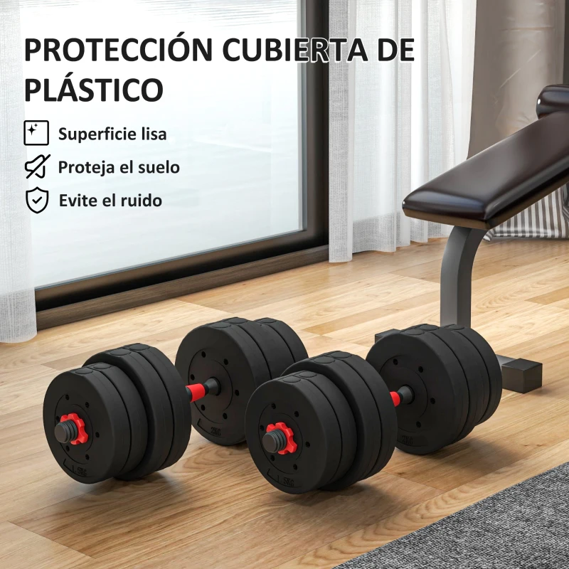 HOMCOM Juego de Mancuernas Ajustables 30 kg 2 en 1 con Barras Conexión y Mangos Antideslizantes para Gimnasio en Casa Negro