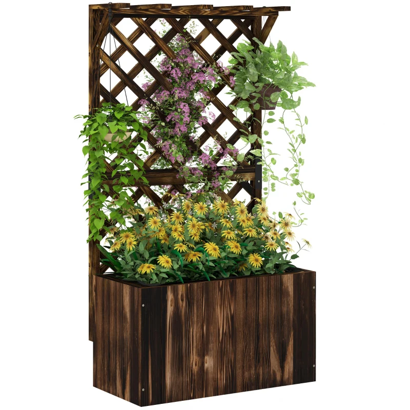 Outsunny Hochbeet Pflanzkasten mit Rankgitter, Spalier Pflanzkübel Blumenkasten Holz, Gartenspalier 64 x 33 x 122cm Verkohlt