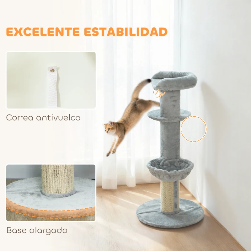 PawHut Árbol Rascador para Gatos 103,5 cm con Cama Hamaca Plataforma Poste de Sisal Grueso Bola Colgante Gris Claro
