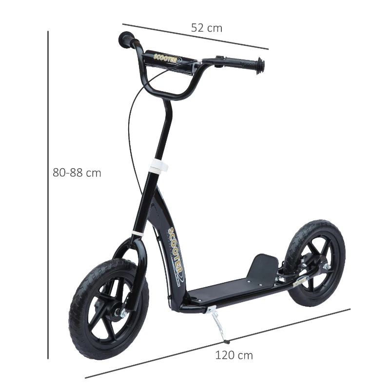 HOMCOM, trotinetă copii, pneuri 30 cm, ghidon reglabil, frână, suport lateral, oțel, pentru copii 5+ ani, negru