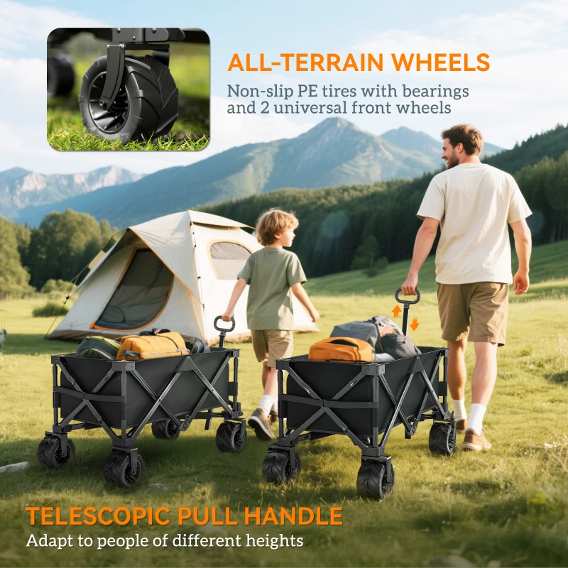 Outsunny Carucior plaja pliabil cu roti fata pivotante 360° si maner telescopic 108x55x55 cm negru