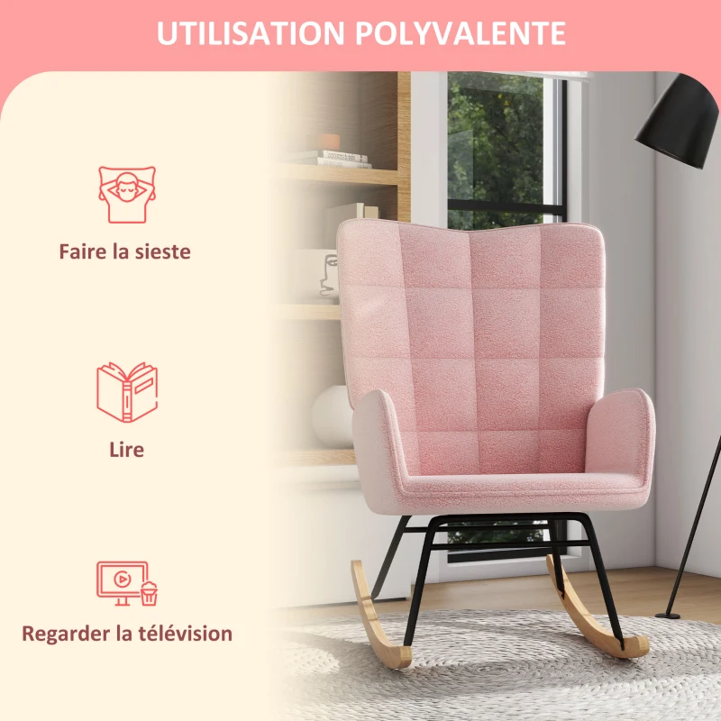 HOMCOM Schaukelstuhl im Retro-Design, Massivholz, Sessel, Relaxsessel, 98 cm x  71 cm x 101 cm, Rosa