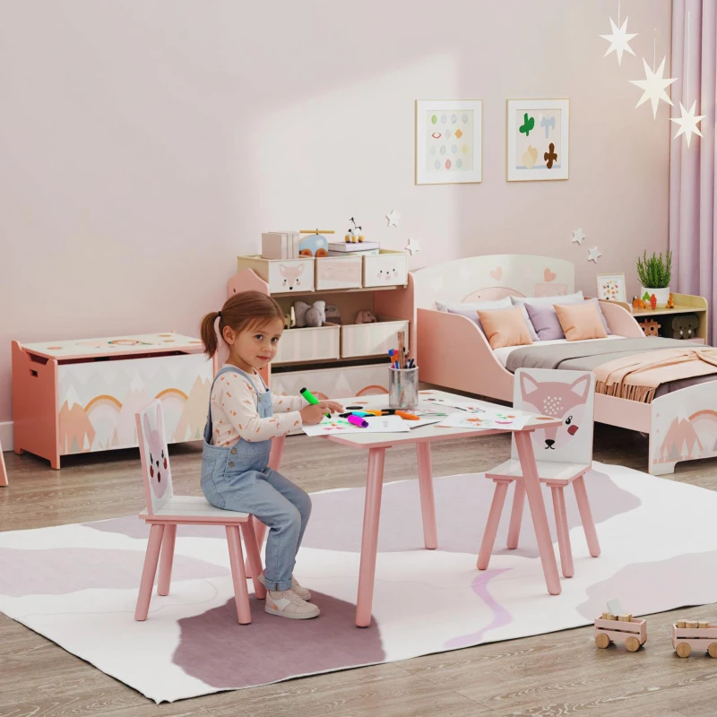 ZONEKIZ Kinderset van grenenhout, tafel met 2 stoelen, dierenmotief, kinderkamer, 3-8 jaar, roze