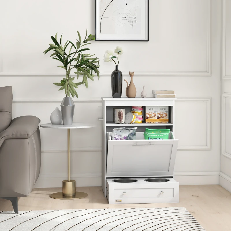 PawHut Pet Feeder Station, Dog, Cat Storage Container, with Raised Bowls, Hanger, Cabinet - White