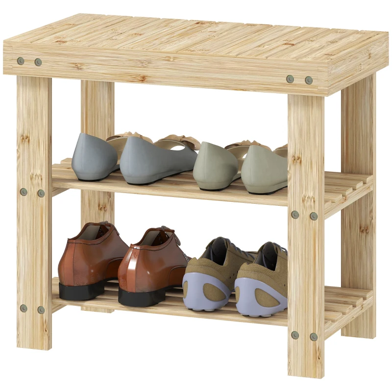HOMCOM Two Shelf Bamboo Shoe Storage Bench - Natural Finish