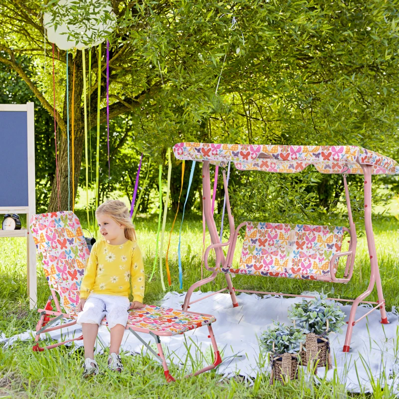 Outsunny Gartenmöbel-Set für Kinder, 1 Hollywoodschaukel, 1 Sonnenliege, für Kinder von 3 -8 Jahren, Rosa