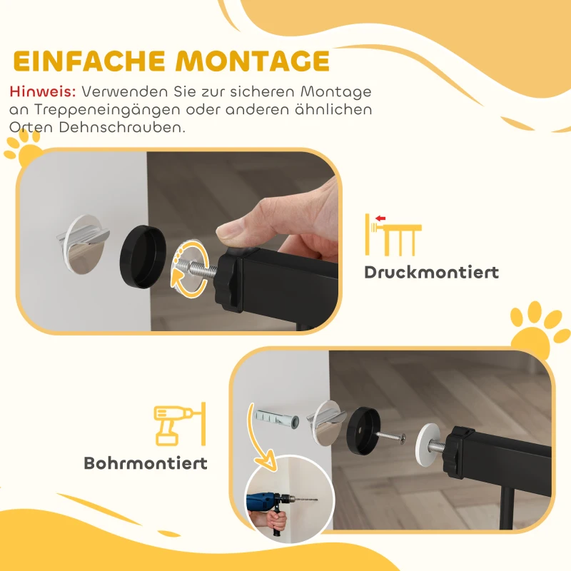 PawHut Haustiertor, 77 cm Treppengatter, verstellbare Breite 76-104 cm, mit Katzentür, für Treppen und Türöffnungen, Schwarz