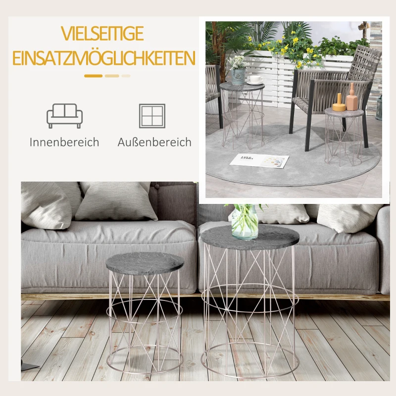 Outsunny 2er-Set Beistelltisch Stapelbar Gartentisch in Marmor Optik Balkontisch aus Metall, runder Kaffeetisch 50kg belastbar, Ø38x52,5 cm Sofatisch für Outdoor Indoor Balkon Rose+Gold+Grau