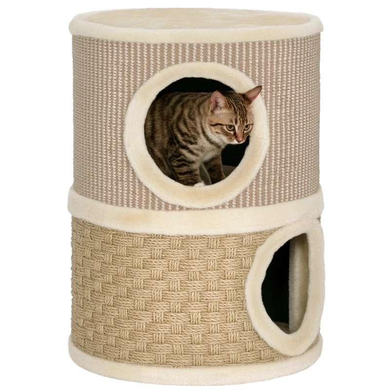 PawHut Kratztonne, 49 cm hoch, Ø35,5 cm zweistöckige Katzentonne mit Plüschrand Kratzmatte, 2 Höhle Khaki+Kaffee