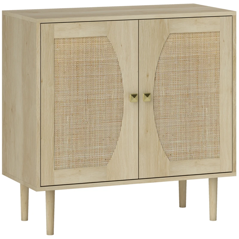 HOMCOM Buffet Küchenmöbel Aufbewahrung Doppeltüren mit 2 Ebenen, Cannage-Front 80 x 38 x 79 cm Naturholz-Optik