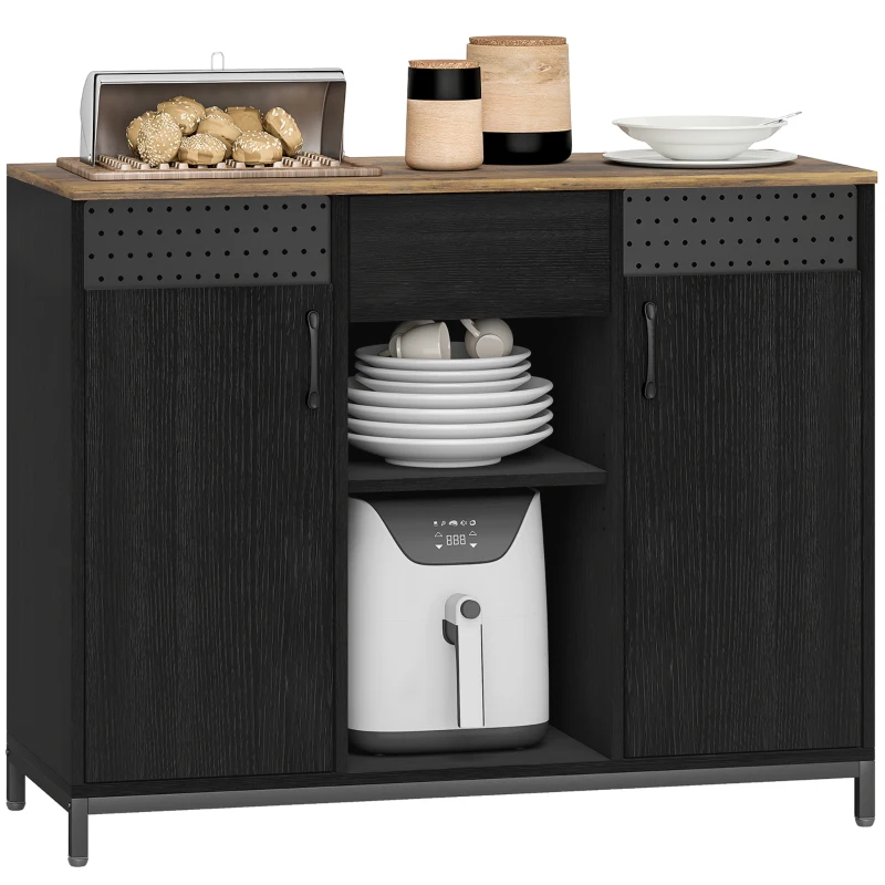 HOMCOM Aparador de 2 Puertas con Orificios 2 Compartimentos y Cajón Estantes Ajustables 100x40x80 cm Negro