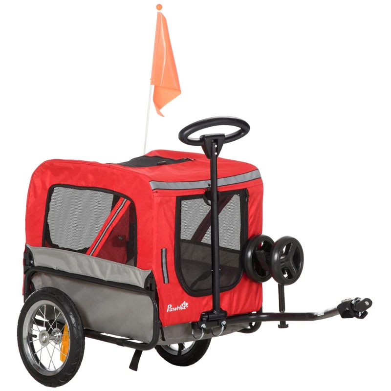 PawHut Remorque de vélo poussette 2 en 1 pour animaux de compagnie chiens chats Charge max. 30 kg avec réflecteurs et drapeau rouge