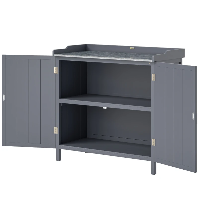 Outsunny Wood Garden Storage Cabinet, Outdoor Tool Shed, Potting Bench Table with Galvanized Top and Two Shelves for Yard Tools or Pool Accessories, Grey