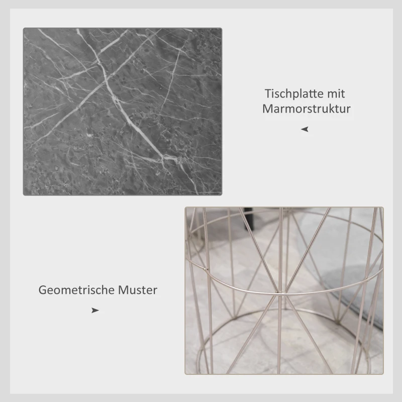 Outsunny 2er-Set Beistelltisch Stapelbar Gartentisch in Marmor Optik Balkontisch aus Metall, runder Kaffeetisch 50kg belastbar, Ø38x52,5 cm Sofatisch für Outdoor Indoor Balkon Rose+Gold+Grau