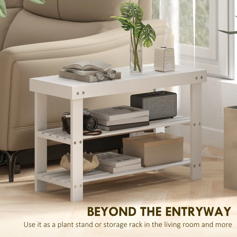 HOMCOM Two Shelf Bamboo Shoe Storage Bench - White