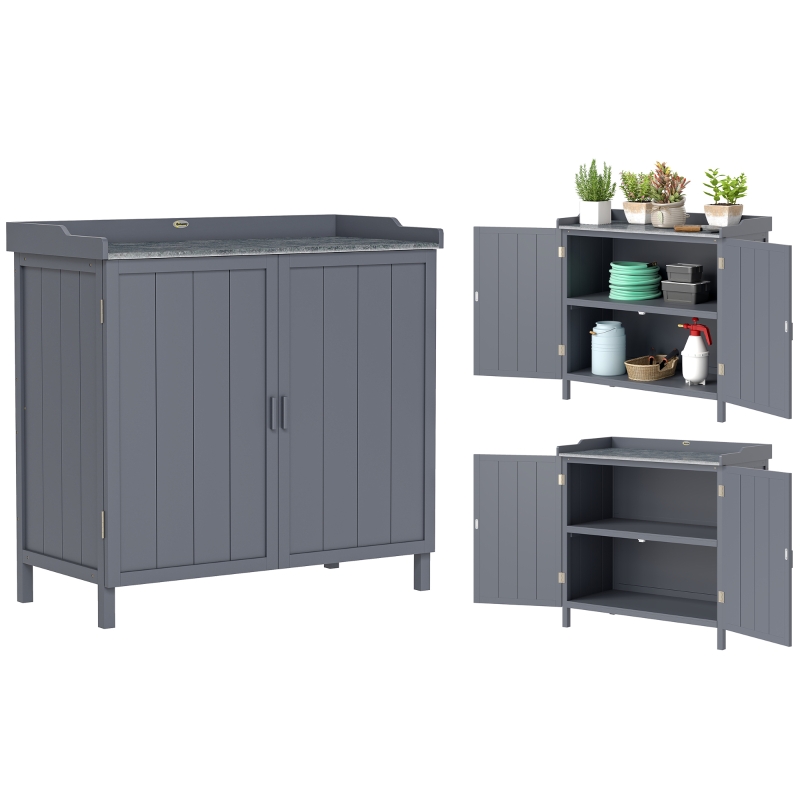 Outsunny Wood Garden Storage Cabinet, Outdoor Tool Shed, Potting Bench Table with Galvanized Top and Two Shelves for Yard Tools or Pool Accessories, Grey