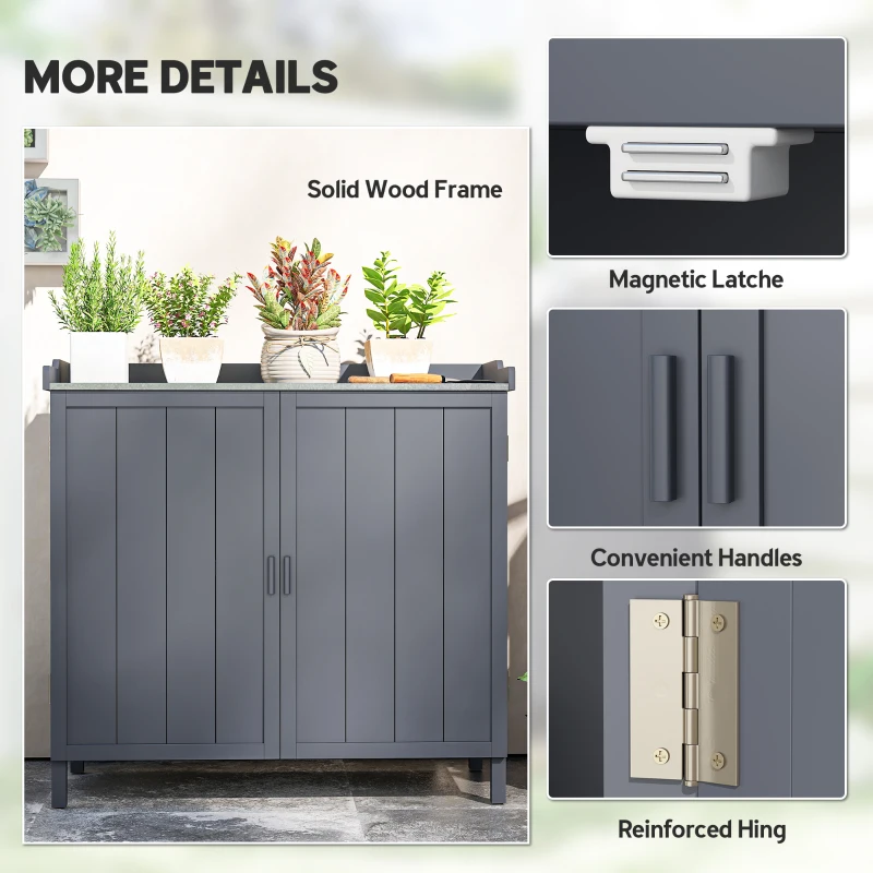 Outsunny Wood Garden Storage Cabinet, Outdoor Tool Shed, Potting Bench Table with Galvanized Top and Two Shelves for Yard Tools or Pool Accessories, Grey