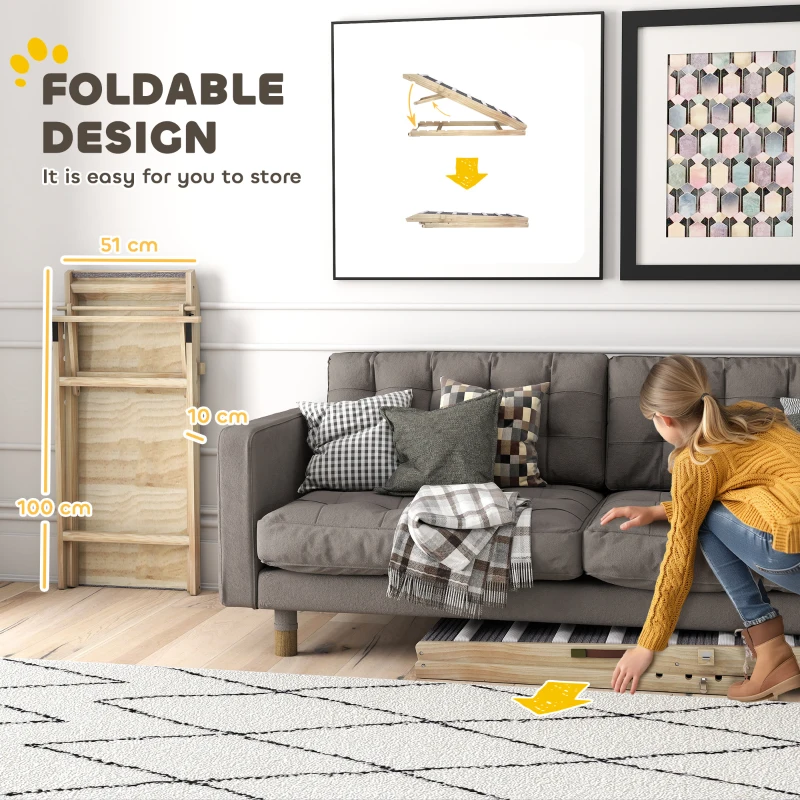 PawHut Klappbare Hunderampe, höhenverstellbar 35-50 cm, Holz-Haustierrampe mit rutschfester Matte