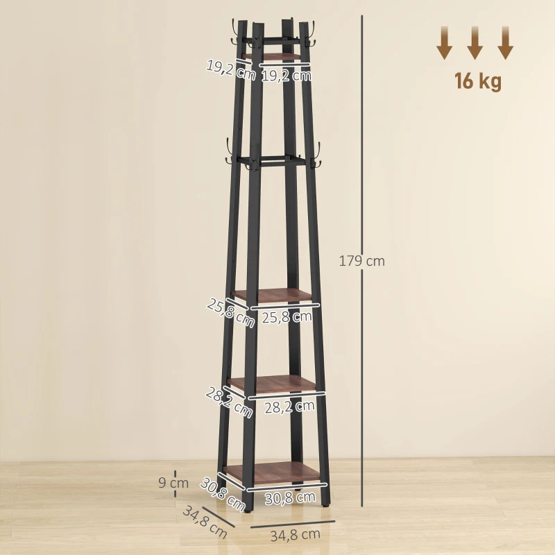 HOMCOM Garderobenständer mit 4 Ebenen, freistehender Kleiderständer, 8 Haken, 4 Regale, Industrie-Stil, Metall, Spanplatte, Braun