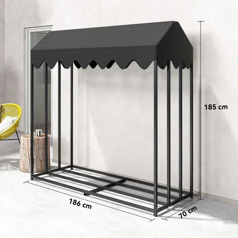 Outsunny Leñero Exterior Metálico de Chimenea Soporte para Leña con Cubierta Impermeable Carga 300 kg 186x70x185 cm Negro