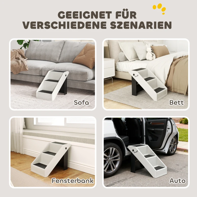 PawHut Hundetreppe 3 Stufen 36,5 cm Hoch Haustiertreppe für Kleine Hunde klappbar für Bett, Sofa, Couch Auto Cremeweiß